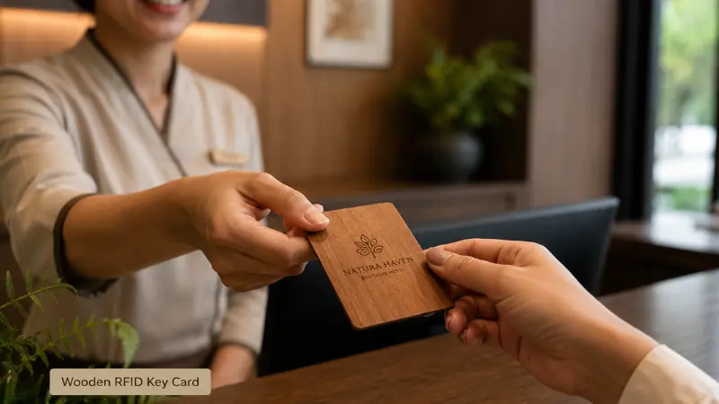 Hotel receptionist handing a wooden RFID key card to a guest at check-in Hotel receptionist handing a wooden RFID key card to a guest at check-in