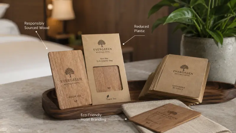 Wooden RFID hotel key cards with eco-friendly packaging and sustainability-focused presentation Wooden RFID hotel key cards with eco-friendly packaging and sustainability-focused presentation